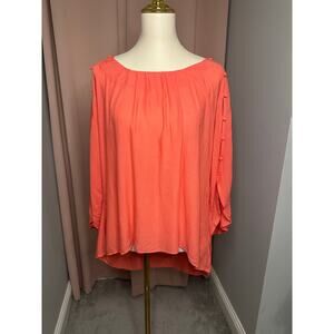 EUC Maeve x Anthropologie Flutter Peekaboo Sleeve Top Sz L High Low Hem Coral